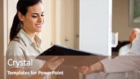  Presentation with doctor taking care of baby - Presentation theme with medical chart - happy young receptionist taking clipboard background and a tawny brown colored foreground