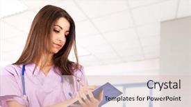  Presentation with neurologic nurse - Slide set with medical chart - young nurse reading a clipboard background and a  colored foreground