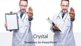  Presentation with medical robot hand and doctor - Cool new theme with medical checklist - collage of handsome senior hoary backdrop and a light blue colored foreground