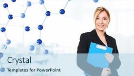  Presentation with atom - PPT layouts having medical chemical - smiling blonde woman and 3d background and a  colored foreground