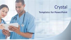  Presentation with composite - Colorful presentation theme enhanced with medical city - digital composite of doctors looking backdrop and a sky blue colored foreground