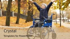  Presentation with wheelchair - Audience pleasing PPT theme consisting of medical city - little boy in wheelchair outdoors backdrop and a coral colored foreground