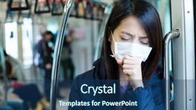  Presentation with train - PPT theme with medical city - woman feeling unwell in train background and a ocean colored foreground