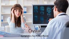  Presentation with radiologist - Slide set consisting of medical clinic complaints - young woman visiting radiologist background and a light blue colored foreground