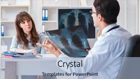  Presentation with radiologist - PPT theme featuring medical clinic complaints - young woman visiting radiologist background and a light blue colored foreground