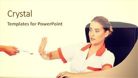  Presentation with bribe - Colorful presentation enhanced with medical comission - young woman doctor refusing bribe backdrop and a white colored foreground