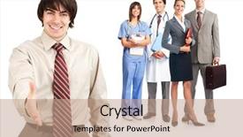  Presentation with worker - Slides with medical community - group of smiling worker people background and a  colored foreground