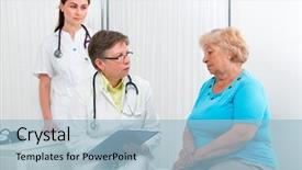  Presentation with diagnosis - Presentation design consisting of medical clinic complaints - physician explaining diagnosis to elderly background and a  colored foreground