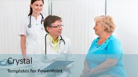  Presentation with diagnosis - Slides with medical clinic complaints - physician explaining diagnosis to elderly background and a  colored foreground