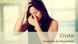  Presentation with hand holding colorful brain sketch - Audience pleasing slide set consisting of face medical - woman with headache holding her backdrop and a  colored foreground