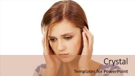  Presentation with woman stuck in ladder - PPT theme consisting of health complciations - young beautiful woman with headache background and a  colored foreground