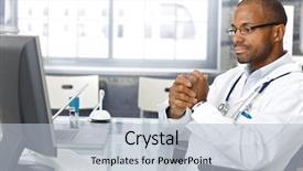  Presentation with desk - Cool new presentation theme with medical computer - troubled doctor sitting at desk backdrop and a  colored foreground