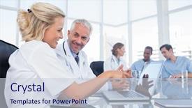  Presentation with laptop - Cool new PPT layouts with medical computer - two smiling doctors looking backdrop and a lemonade colored foreground