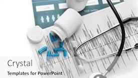  Presentation with record - Audience pleasing theme consisting of medical concept medical record with pills and a stethoscope on white background backdrop and a white colored foreground