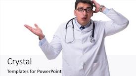  Presentation with blank whiteboard isolated on white - PPT theme consisting of medical confused student - young male doctor isolated background and a  colored foreground