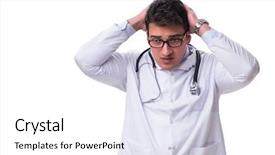  Presentation with scroll paper isolated on white - Theme with medical confused student - young male doctor isolated background and a  colored foreground