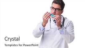  Presentation with syringe - Slide set consisting of medical confused student - young male doctor background and a  colored foreground