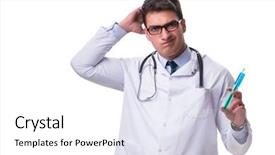  Presentation with vials science syringe vaccination - Theme enhanced with medical confused student - young male doctor background and a  colored foreground