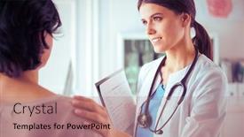  Presentation with soothing - PPT theme with medical-consultation-female-doctor-holding background and a coral colored foreground