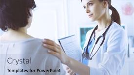  Presentation with soothing - Slide set having medical-consultation-female-doctor-holding background and a light blue colored foreground