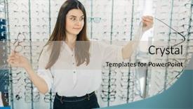  Presentation with optic - Amazing PPT theme having surprised lady holds huge glasses backdrop and a mint green colored foreground