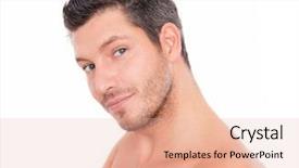  Presentation with beauty cosmetics - Colorful presentation theme enhanced with medical cosmetics - male beauty smiling and laughing backdrop and a  colored foreground
