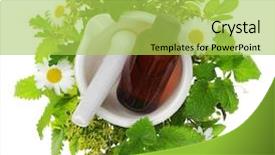  Presentation with essential oil - Presentation consisting of medical cosmetics - mortar and pestle with fresh background and a yellow colored foreground