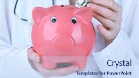  Presentation with banking bank vault door - Cool new PPT layouts with medical cost - doctor with pink piggy bank backdrop and a sky blue colored foreground
