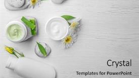  Presentation with medical dermatology - Beautiful theme featuring medical dermatology - composition with cosmetic products backdrop and a light gray colored foreground