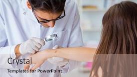  Presentation with medical dermatology - Slide set with medical dermatology - doctor examining patient skin background and a soft green colored foreground