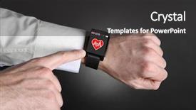  Presentation with smart watch red heart - Presentation theme having medical devices designs - male hands with heart icon background and a dark gray colored foreground