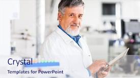  Presentation with computer - Slides with responsible physicians - senior doctor using his tablet background and a sky blue colored foreground