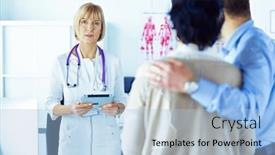  Presentation with patients - Presentation enhanced with medical-doctor-and-young-couple background and a light blue colored foreground
