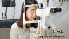 Presentation with asian doctor - Slide set with medical doctor asian - woman undergo the eye test background and a coral colored foreground