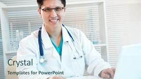  Presentation with social media camera - Slide set having medical doctor smiling and looking background and a sky blue colored foreground