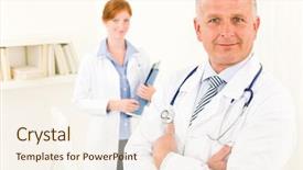  Presentation with nurse team - Beautiful presentation featuring medical doctor team senior man with female nurse holding folders backdrop and a cream colored foreground