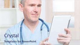  Presentation with consulting - Colorful PPT layouts enhanced with medical doctor using tablet pc at the consulting room backdrop and a sky blue colored foreground