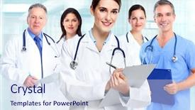  Presentation with medical business - Amazing PPT layouts having medical doctor woman and group of business people backdrop and a sky blue colored foreground