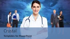  Presentation with medical business - PPT theme consisting of medical doctor woman and group of business people background and a teal colored foreground