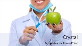  Presentation with tooth brush - Beautiful presentation theme featuring medical doctor woman hold green backdrop and a light blue colored foreground