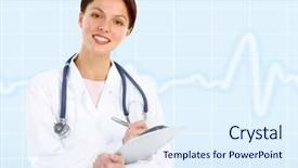  Presentation with doctor in hospital health insurance related icons healthcare person saving medical - Slide set enhanced with medical doctor woman writing health background and a  colored foreground