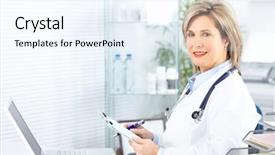  Presentation with medical business - PPT theme enhanced with medical doctor woman background and a sky blue colored foreground