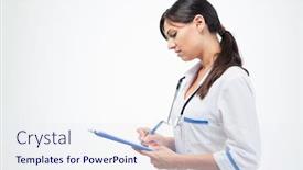  Presentation with medical clipboard - Presentation design enhanced with medical doctor writing notes in clipboard isolated on a white background background and a sky blue colored foreground