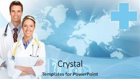  Presentation with global health - Cool new PPT layouts with medical doctors over scientific global backdrop and a light blue colored foreground