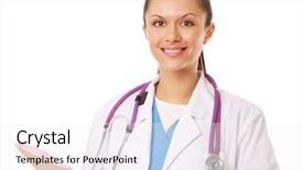  Presentation with worried young female college student - Slide deck with medical document - young female doctor background and a  colored foreground