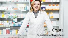  Presentation with medical pharmacy - Audience pleasing presentation theme consisting of medical drugs - cheerful pharmacist chemist woman standing backdrop and a light gray colored foreground