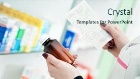  Presentation with prescription drugs - Amazing PPT theme having medical drugs - closeup hand of woman pharmacist backdrop and a sky blue colored foreground