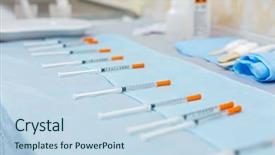  Presentation with medicines - Presentation design with medical drugs - row of syringes with medicines background and a sky blue colored foreground