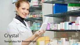  Presentation with men and women working in harmony - Audience pleasing presentation theme consisting of medical drugs - two pharmacist chemist women working backdrop and a soft green colored foreground