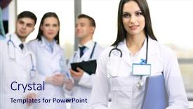  Presentation with multiracial team of young doctors stacking hands - Amazing slide set having medical education - beautiful young doctor with team backdrop and a sky blue colored foreground